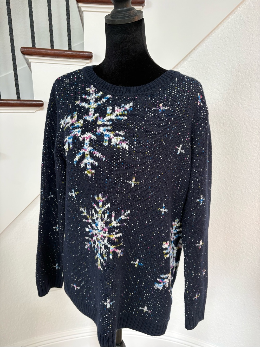 J. Jill Navy Snowflake Crewneck Sweater with Multicolor Accents